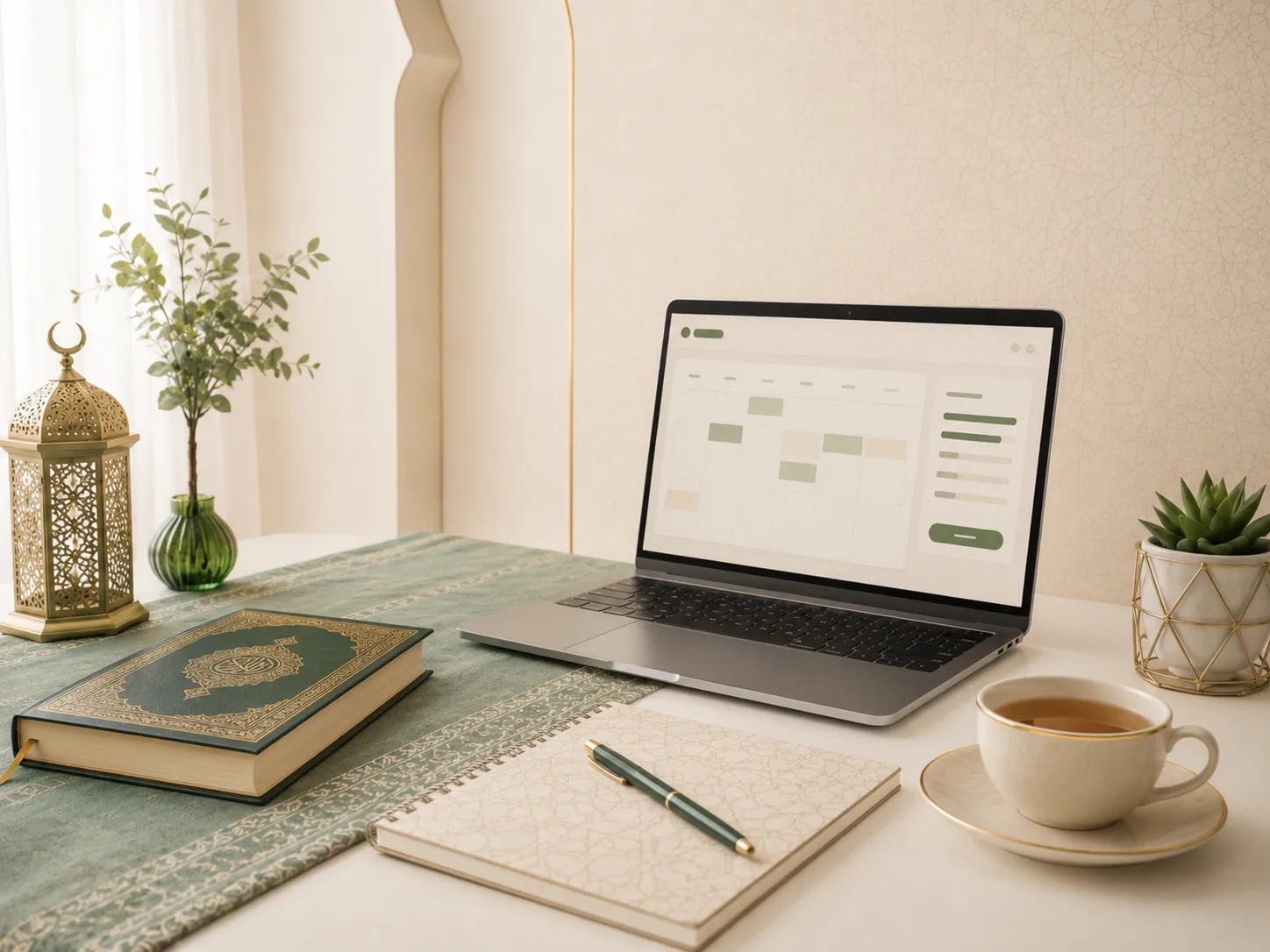 Online consultation setup with laptop calendar, Quran, notebook, and a calm study desk.