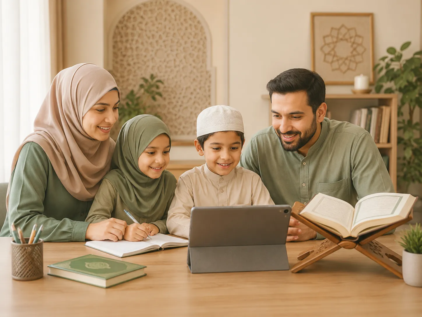 A Muslim family learning the Quran together at home, with parents and two children gathered around a tablet and an open Quran on a wooden stand.