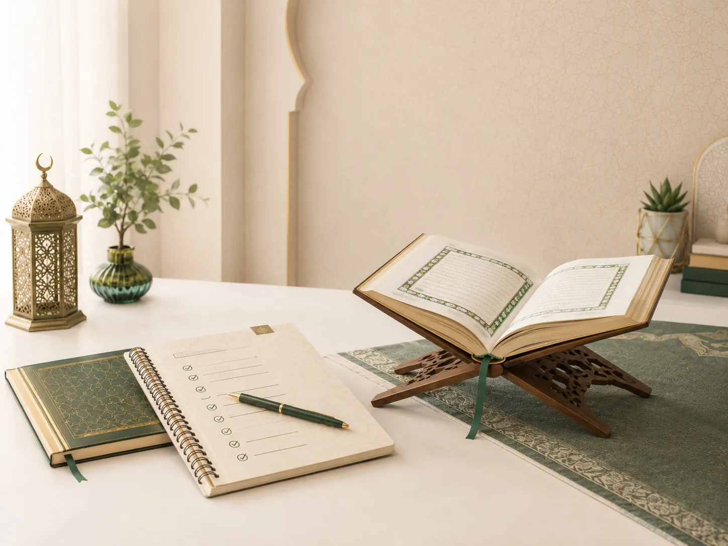 Quran memorization study setup with Quran, revision notebook, and organized learning materials.