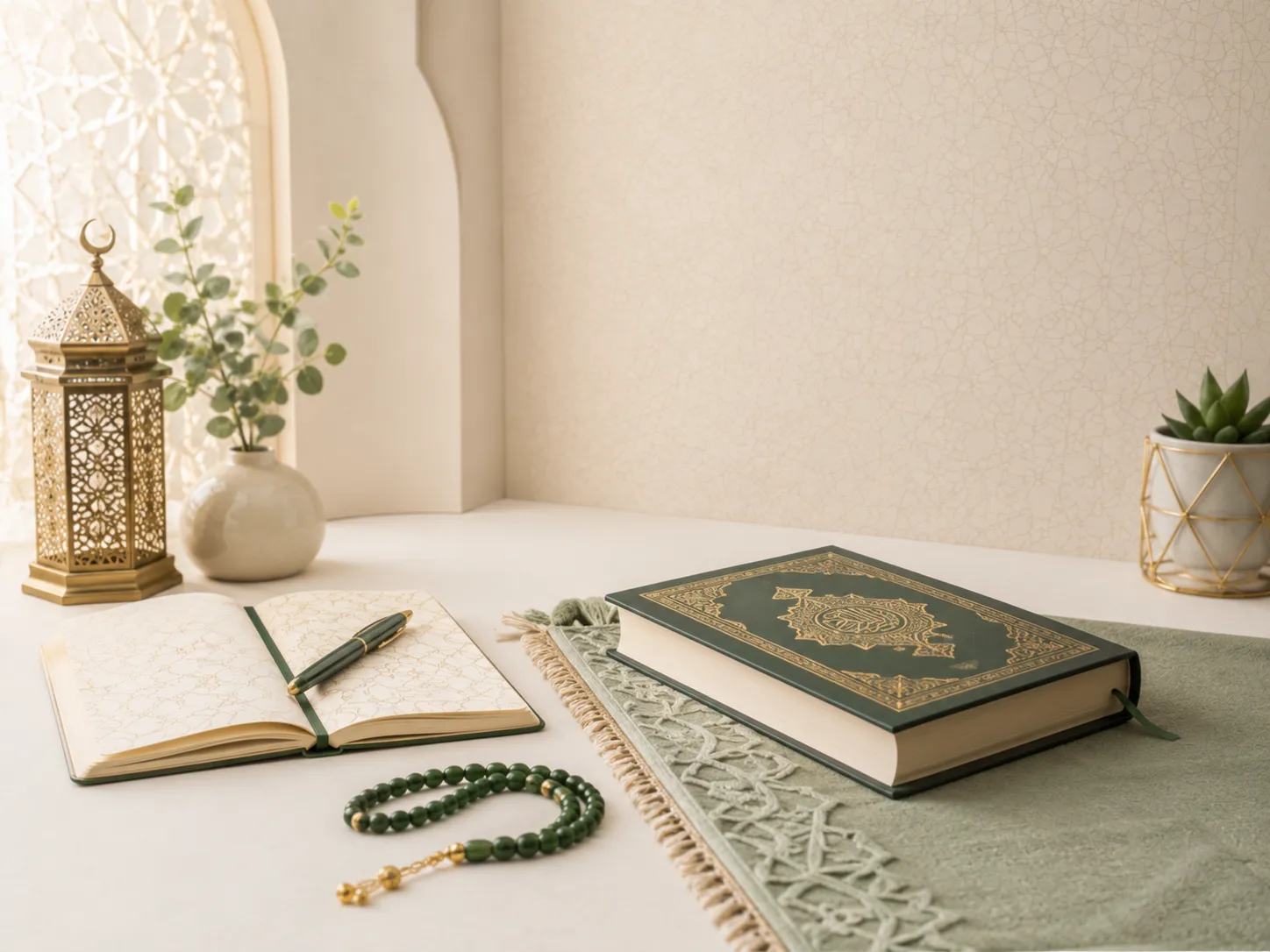 Beginner Islamic teachings study setup with Quran, notebook, prayer beads, and warm learning environment.