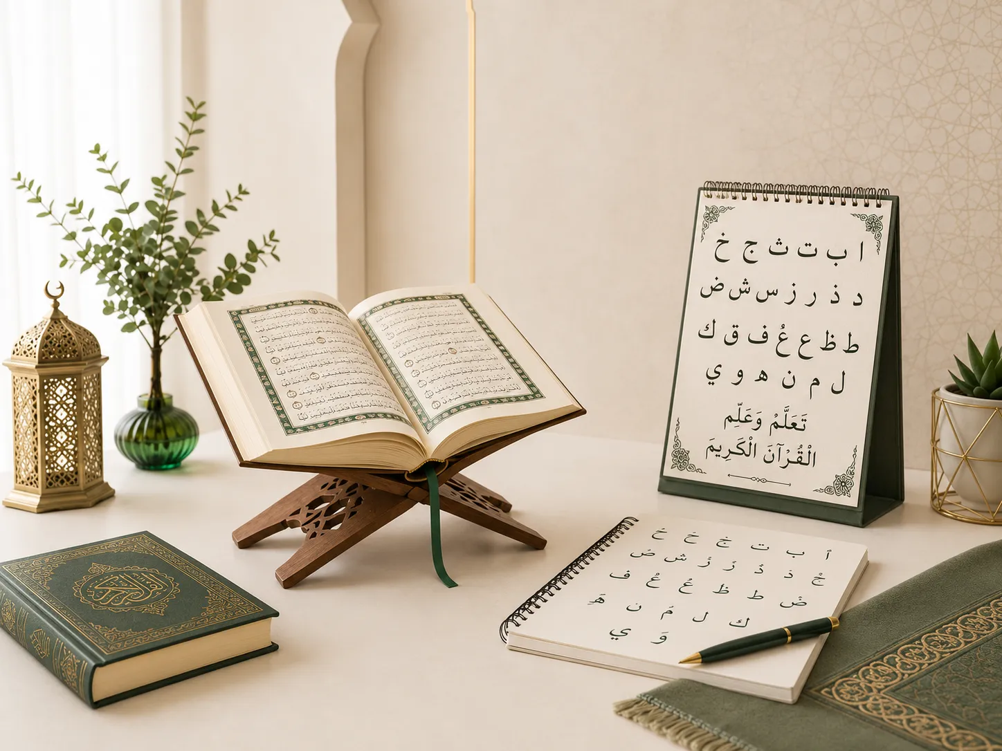 Beginner Quran reading setup with Quran, Arabic alphabet chart, notebook, and soft Islamic learning atmosphere.