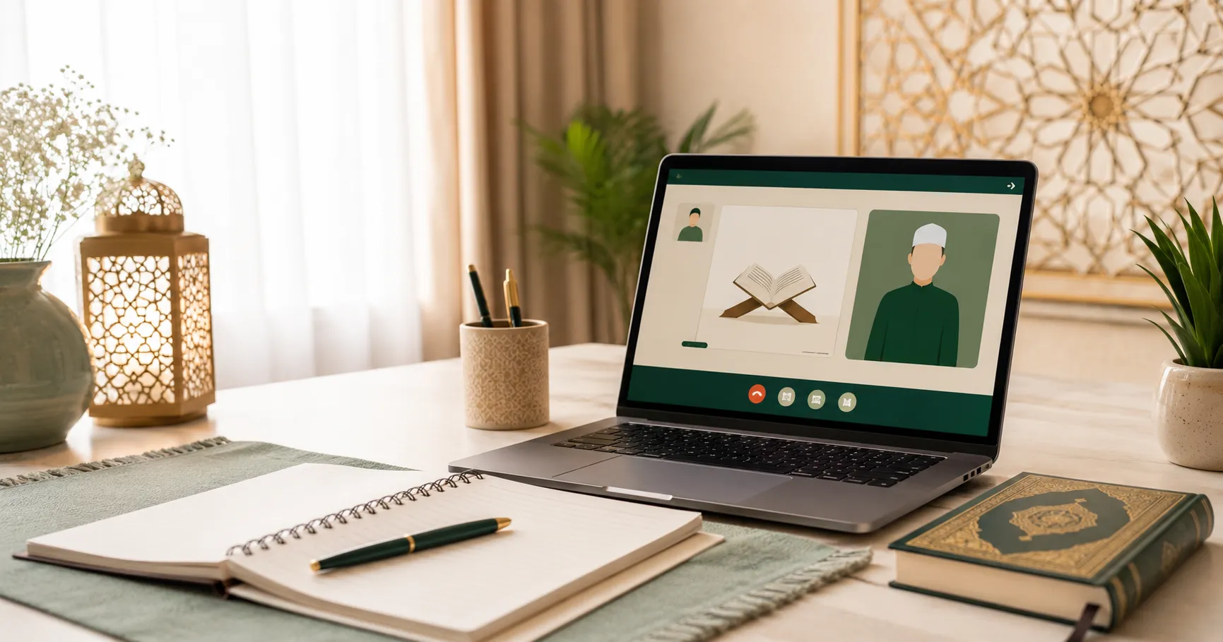 Online Quran class on a laptop showing a teacher and an open Quran, with a Quran, notebook, and lantern on a calm study desk.