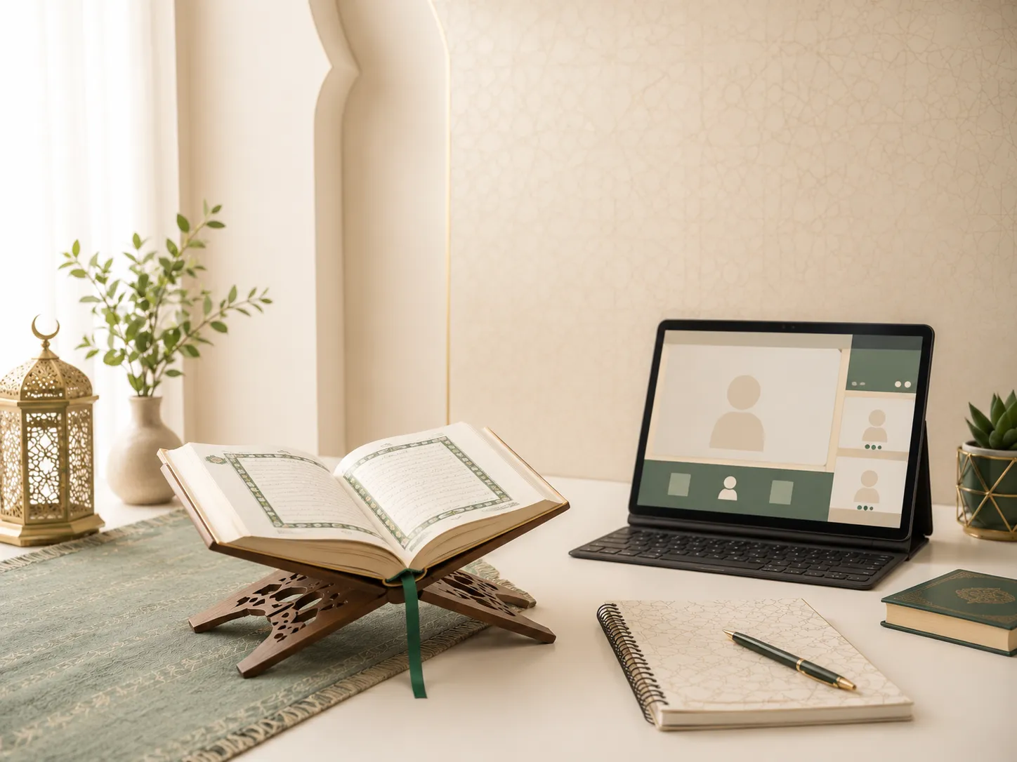 Online Quran class setup with Quran, tablet, notebook, and calm study environment.