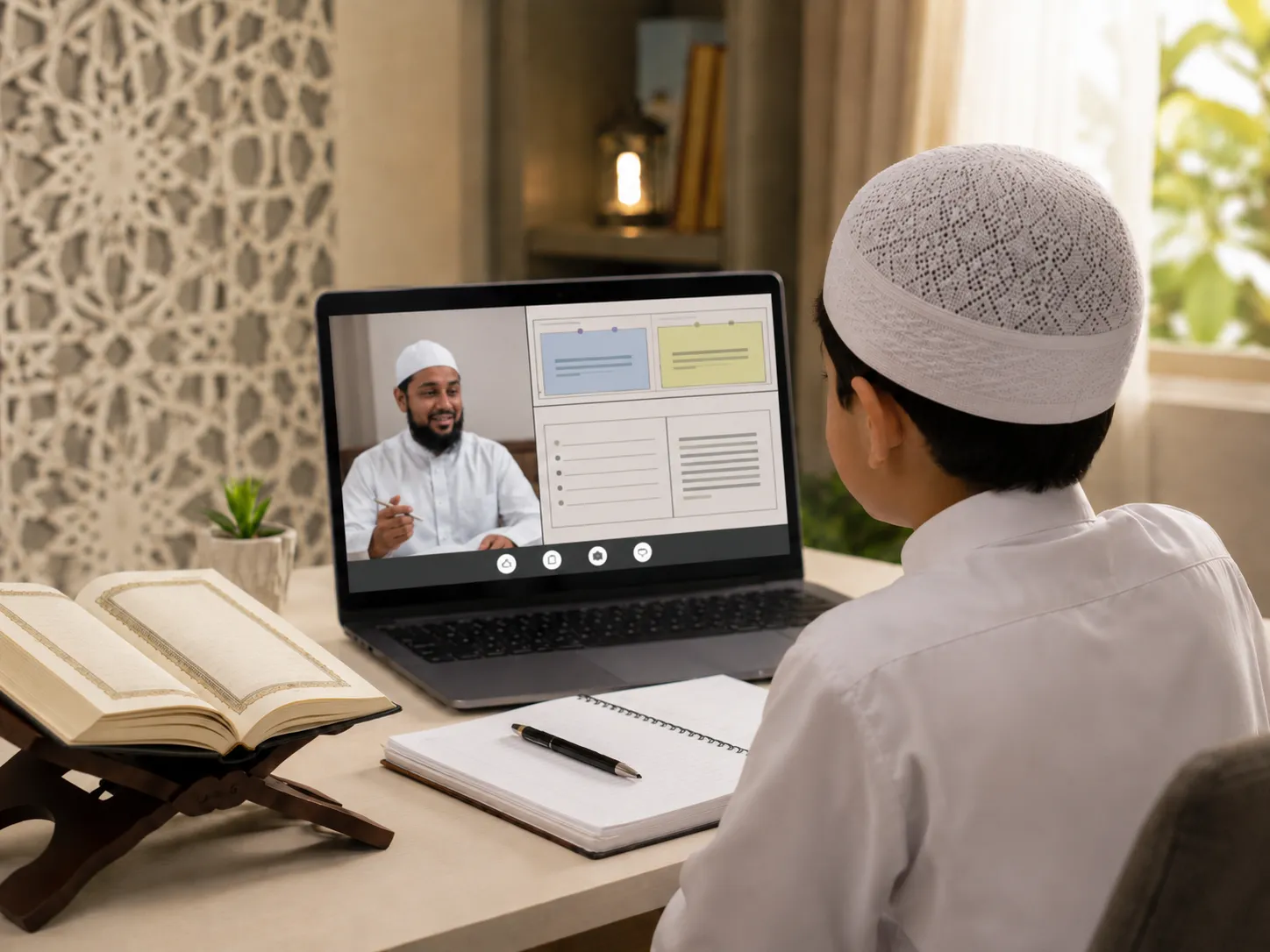 Quran translation learning setup with Quran, notebook, and calm online study atmosphere.