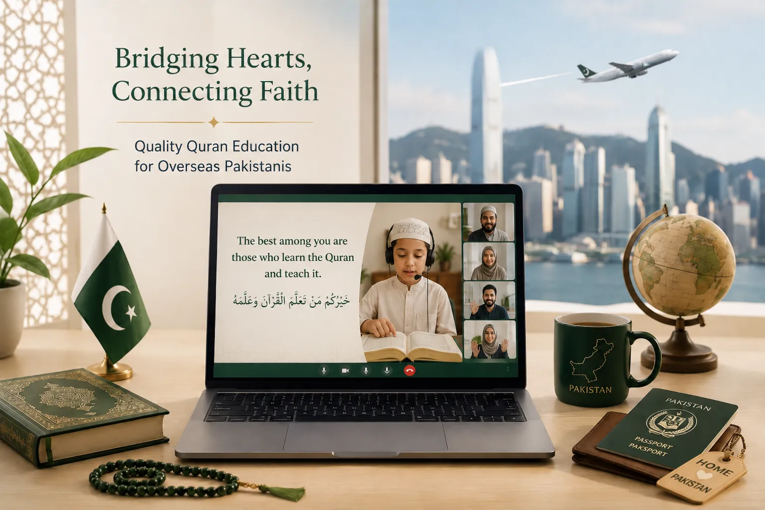 Online Quran study setup with a laptop, Quran, and notebook for overseas Pakistani families learning from home.