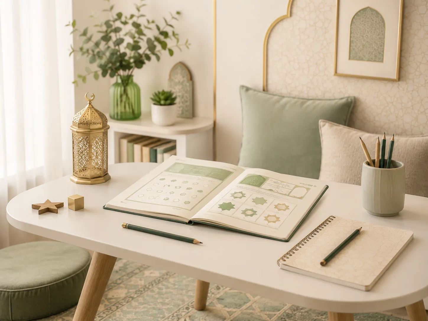 Child-friendly Quran learning desk with books, pencils, and soft Islamic educational setting.