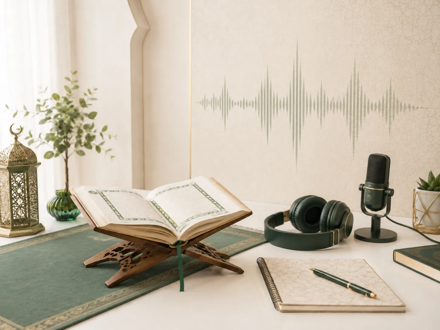 Tajweed learning setup with Quran, microphone, headphones, and calm recitation atmosphere.