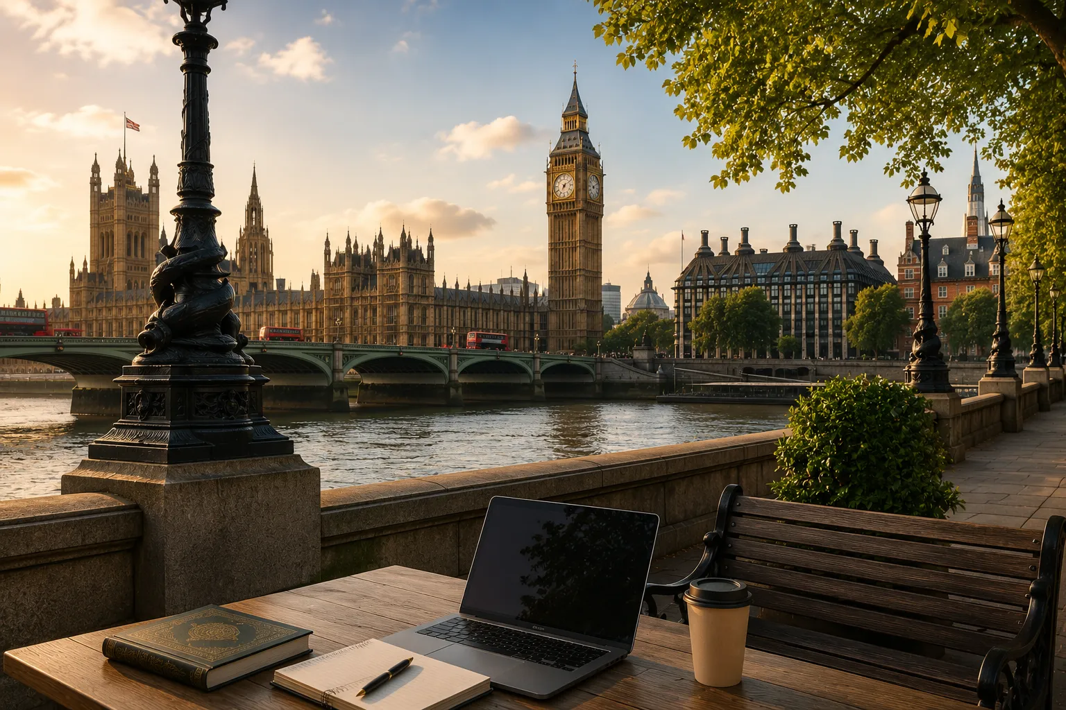 Online Quran study setup with a laptop, Quran, and notebook overlooking Big Ben and the River Thames in London.